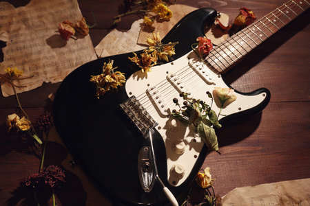 Romantic still life with an electric guitar, dried flowers and rare sheet music close up.の写真素材