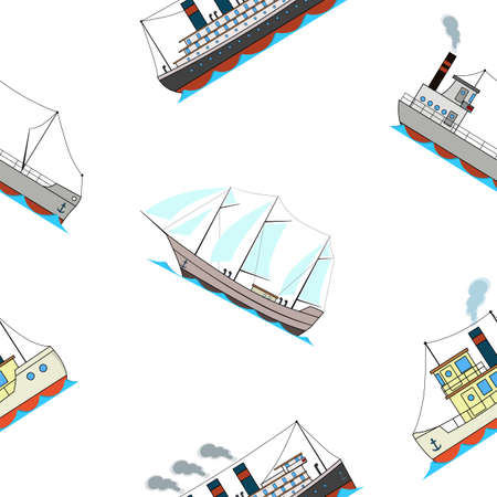Seamless pattern with vintage ships in cartoon style on a white background.のイラスト素材