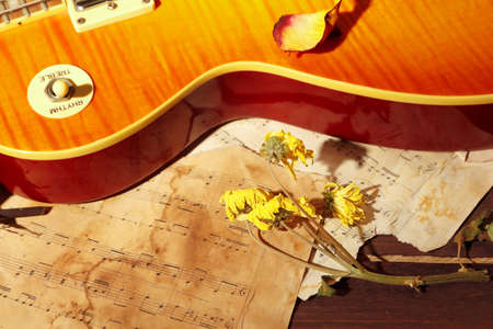 Dried flowers and vintage electric guitar on old music notes close up.の写真素材