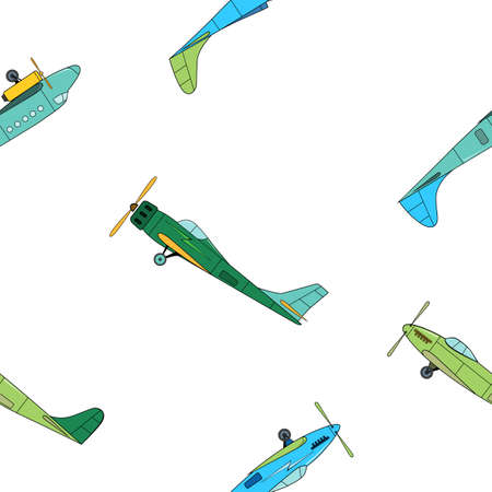 Seamless pattern with blue and green vintage planes in cartoon style on a white background.のイラスト素材