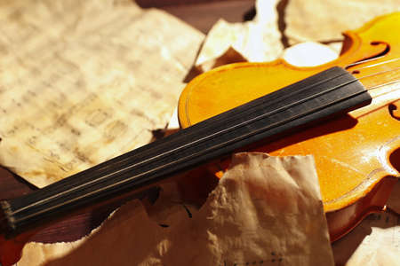 Retro violin and old sheet music close upの写真素材