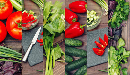 Collage of healthy vegetables and salad on a wooden table.の写真素材