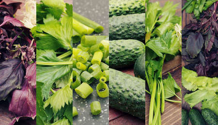 Collage of diet vegetables and salad on a rustic wooden table.の写真素材