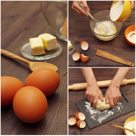 Collage with dough preparation and different baking ingredients on a wooden table.