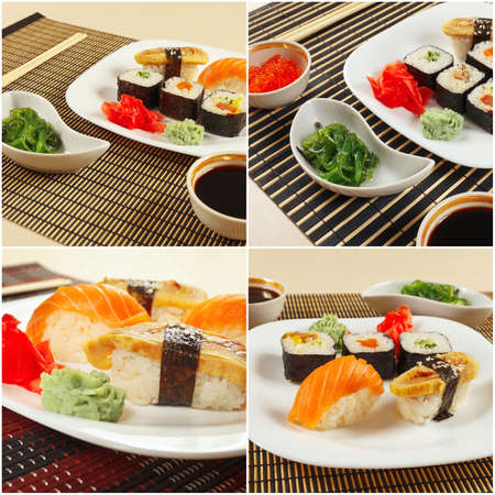 Collage of diverse sushi sets on a bamboo mats.の写真素材