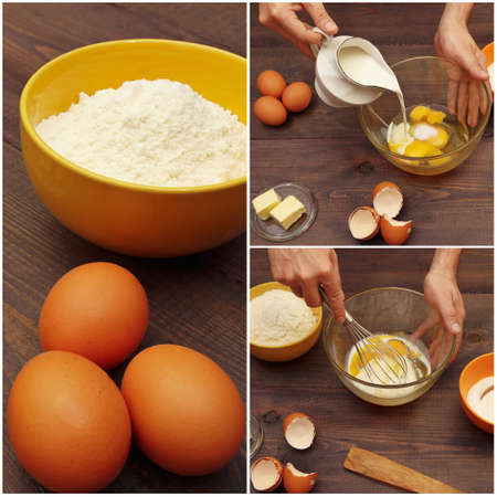 Collage with dough preparation and different ingredients for baking on a wooden table.