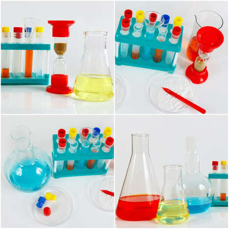 Collage of equipment for chemical research on the laboratory table.