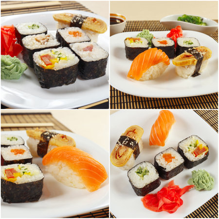 Collage of assorted traditional japanese sushi sets on a bamboo mats.の写真素材