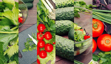 Organic vegetables and salad collage on a wooden table.の写真素材