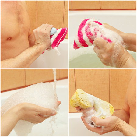 Collage with male and female hands soaping sponge with soap in the bathroom.の写真素材