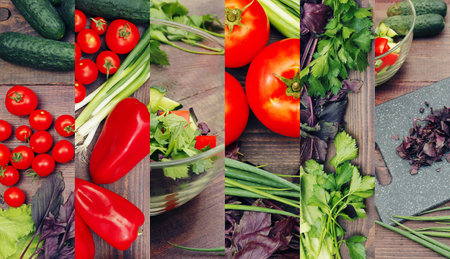 Collage of fresh vegetarian food on a wooden table.の写真素材