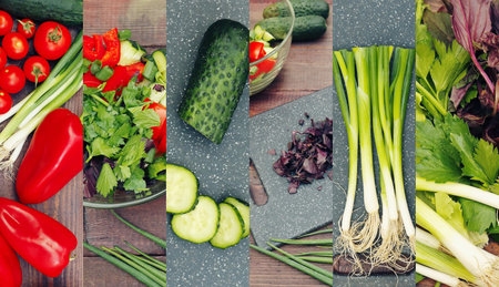 Collage of diet vegetarian food on a rustic wooden table.の写真素材