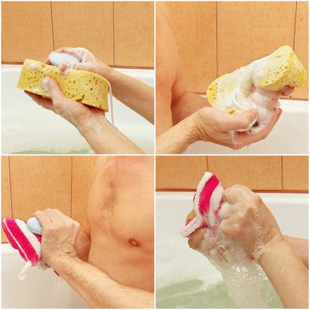 Collage with hands with sponge with soap in the bathroom.の写真素材