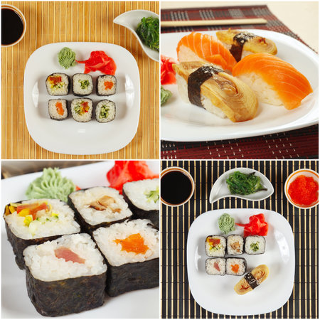 Collage of assorted traditional asian sushi sets on a bamboo mats.の写真素材