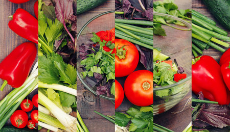 Collage of organic vegetables and salad on a rustic wooden table.の写真素材