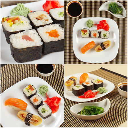 Collage of traditional oriental sushi sets on a bamboo mats.の写真素材
