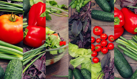 Collage of fresh vegetables and salad on a rustic wooden table.の写真素材