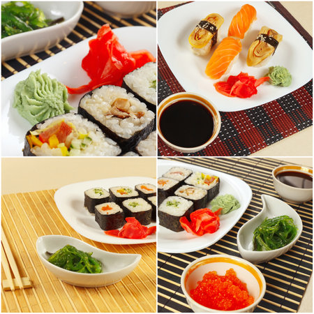 Collage of traditional oriental sushi sets, chuka salad, ginger and soy sauce on a bamboo mats.の写真素材