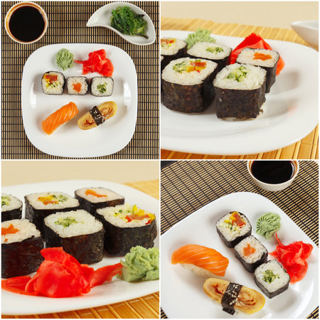 Collage of assorted traditional asian sushi sets, chuka salad, ginger and soy sauce on a bamboo mats.の写真素材