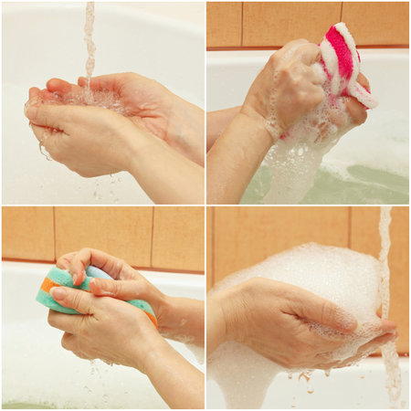 Collage of male and female hands lathering a sponge with soap.の写真素材