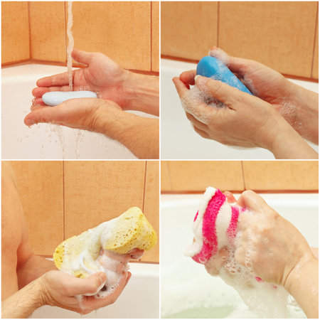 Collage of hands with sponge with soap in the bathroom.の写真素材
