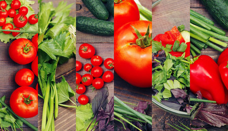 Collage of vegetarian healthy food on a rustic wooden table.の写真素材
