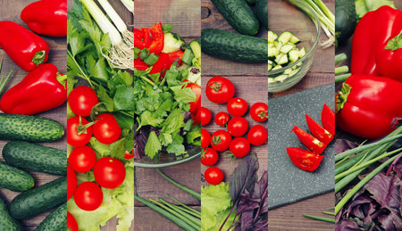 Collage of summer vegetables and salad on a rustic wooden table. Healthy diet vegetarian food.の写真素材