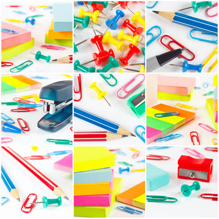 Collage of different school accessories on a white desktop.の写真素材