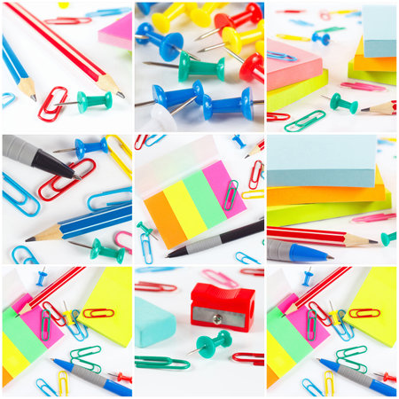 Collage of different stationery accessories on a white background.の写真素材