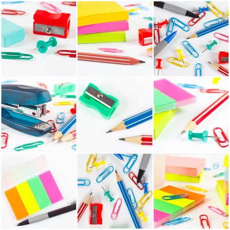 Collage of various multicolored school tools on a white background.の写真素材