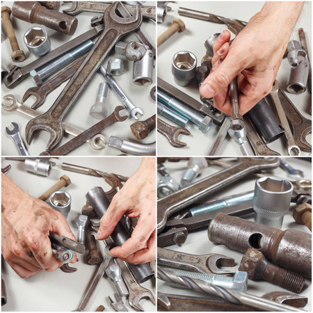 Collage with hand of serviceman with tools and details for repairing machines in the workshop.の写真素材