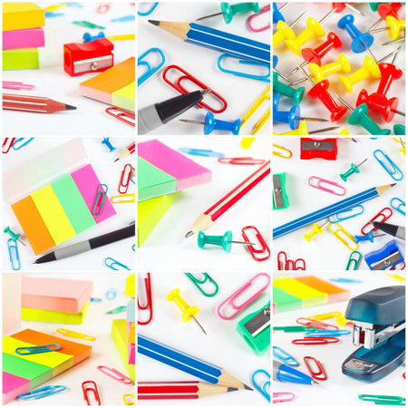 Collage of diverse multicolored school accessories on a white desktop.の写真素材