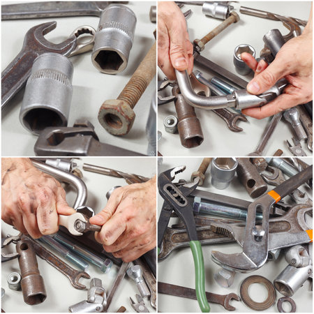 Collage with dirty hand of master with tools and details for repairing machines in the workshop.の写真素材