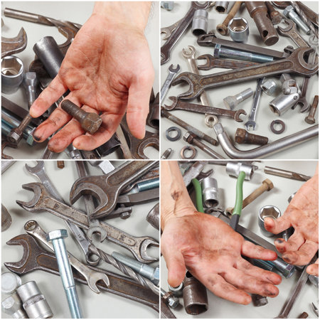 Collage with hand of repairman, tools and details in the workshop.の写真素材