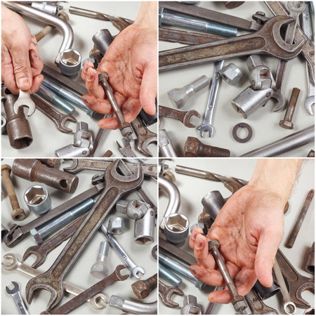 Collage with dirty hand of serviceman, tools and details in the workshop.の写真素材