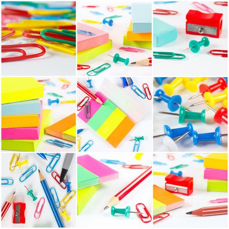 Collage of diverse school supplies on a white background.の写真素材