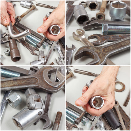 Collage with hand of master with tools and details in the workshop.の写真素材