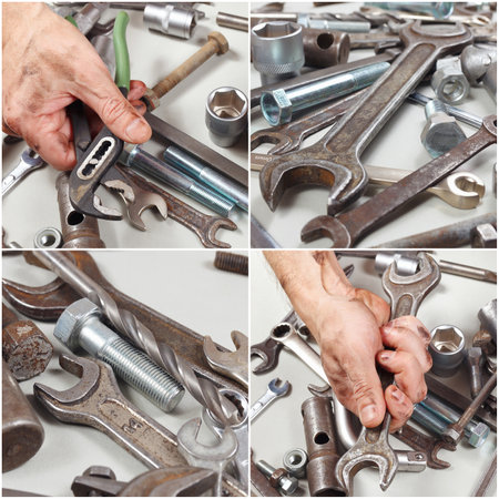 Collage with hand of mechanic, tools and details in the workshop.の写真素材