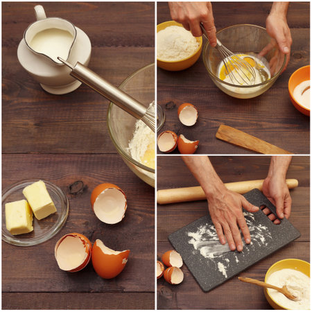 Collage with dough preparation and organic baking ingredients on a wooden table.の写真素材
