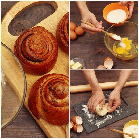 Pastries, dough preparation and baking ingredients collage on a wooden table.の写真素材