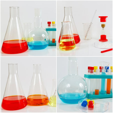 Collage of equipment for clinical research on the laboratory table.の写真素材