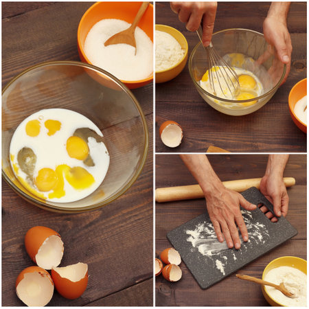 Collage with the preparation of dough for buns and organic ingredients for baking on a wooden table.の写真素材