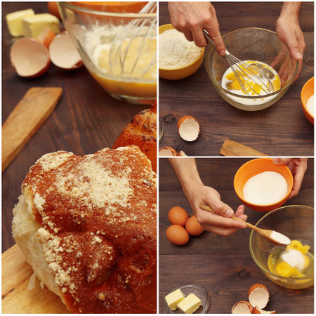 Collage with delicious buns, dough preparation and baking ingredients on a wooden table.の写真素材