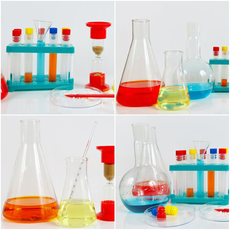 Collage of equipment for biochemical research on the laboratory table.の写真素材