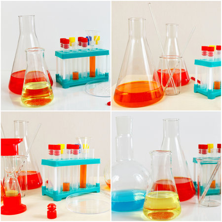 Collage of equipment for biochemical experiments on the laboratory table.の写真素材