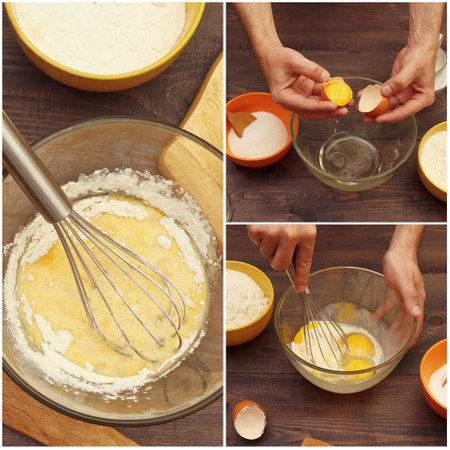 Dough preparation and healthy baking ingredients collage on a wooden table.の写真素材