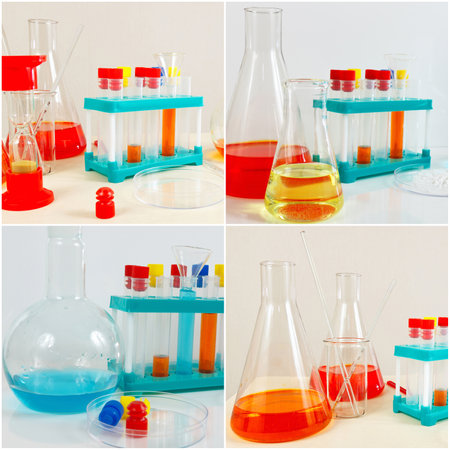 Collage of equipment for clinical experiments on the laboratory table.の写真素材
