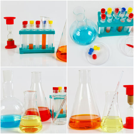 Collage of equipment for clinical analyzes on the laboratory table.の写真素材