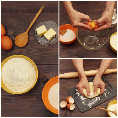 Collage with dough preparation and baking ingredients on a wooden table.の写真素材