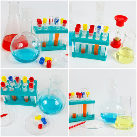 Collage of tools and equipment for clinical analyzes on the laboratory table.の写真素材